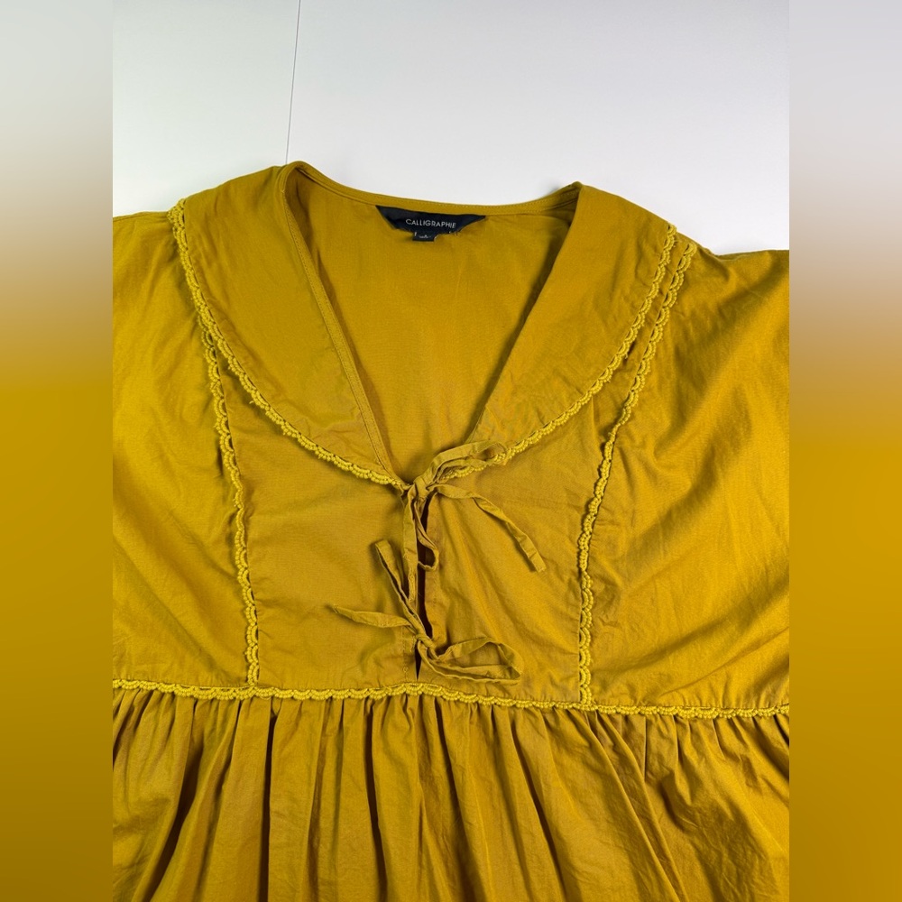 Calligraphie Boho Mustard Lace Trim Tie Front Blouse Size L - Picture 11 of 14